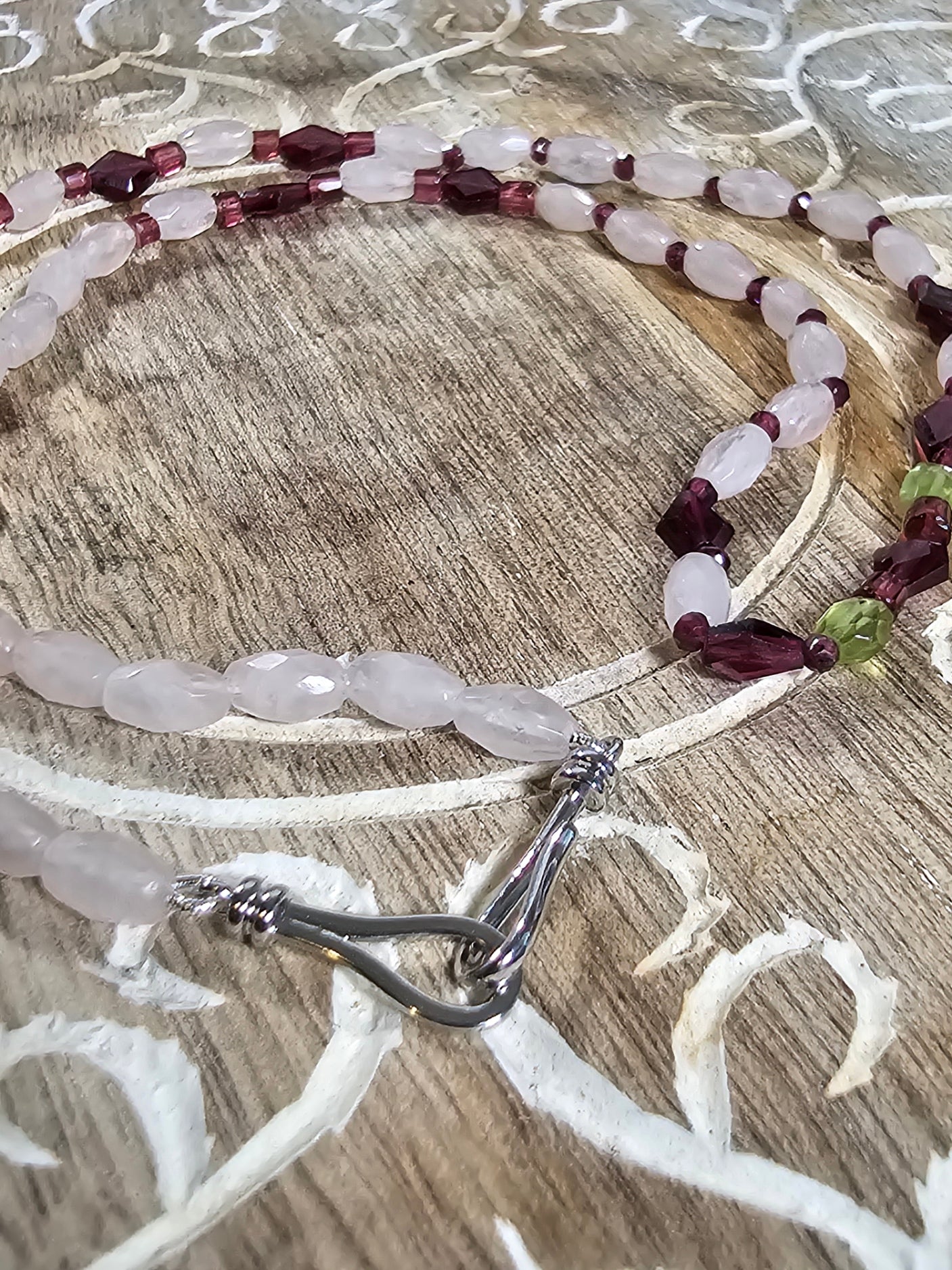 Tri-Stone Treasure: Garnet, Pink Quartz & Peridot Necklace