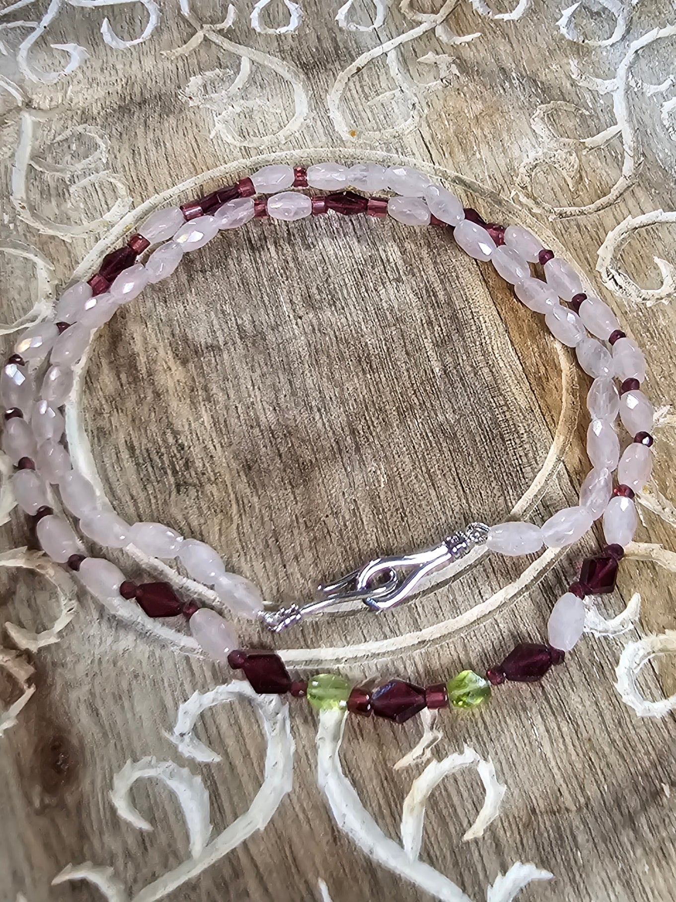 Tri-Stone Treasure: Garnet, Pink Quartz & Peridot Necklace