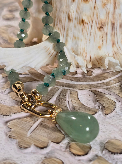 Aventurine rondelle & teardrop pendant necklace