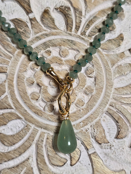 Aventurine rondelle & teardrop pendant necklace