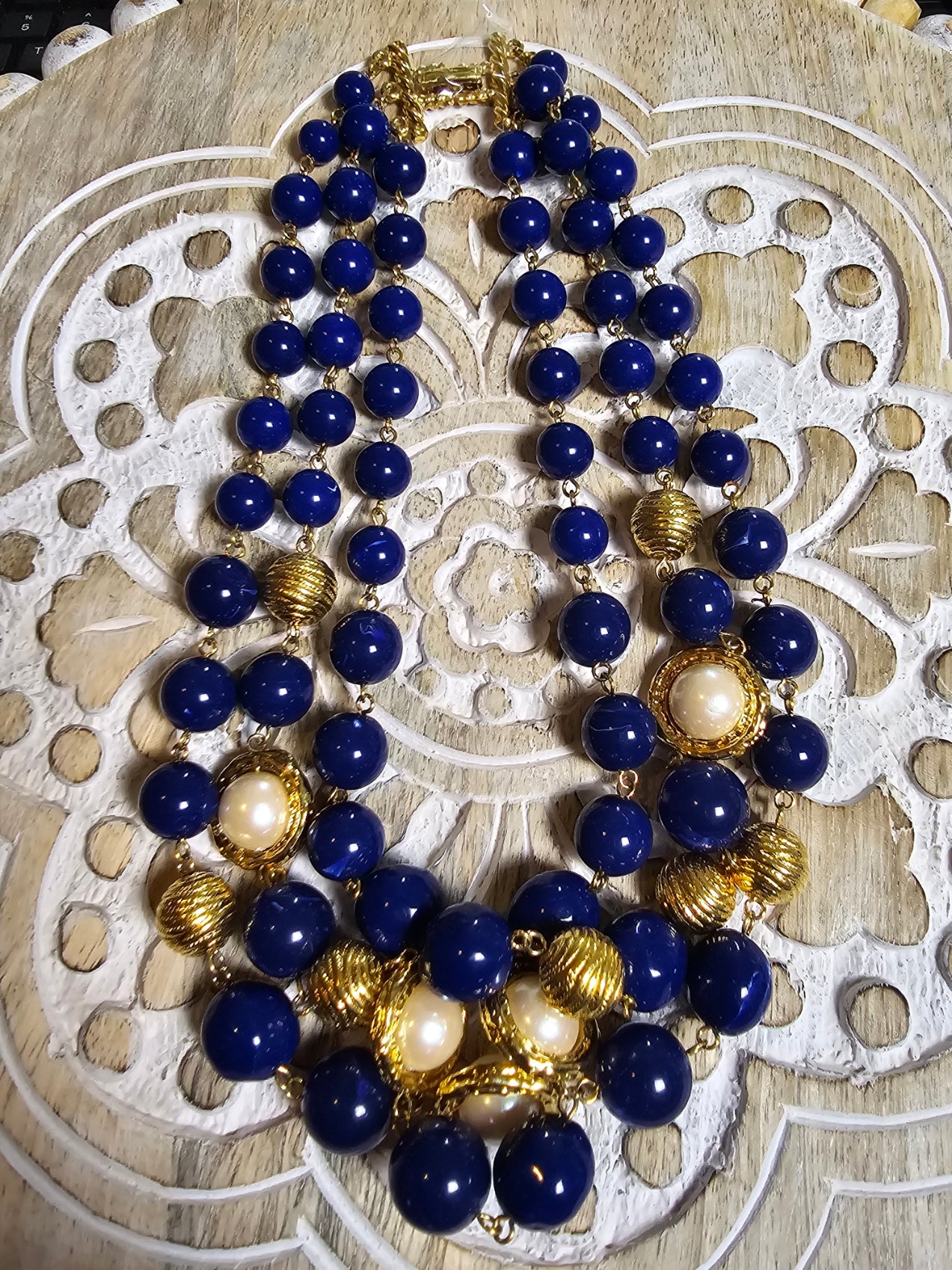 Vintage -  Marvella 3-Tier Blue and Gold Choker