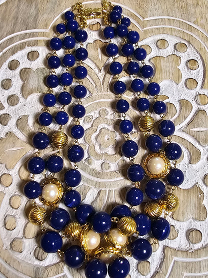 Vintage -  Marvella 3-Tier Blue and Gold Choker