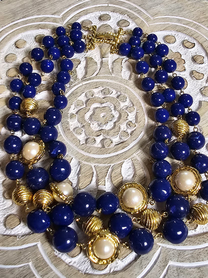 Vintage -  Marvella 3-Tier Blue and Gold Choker