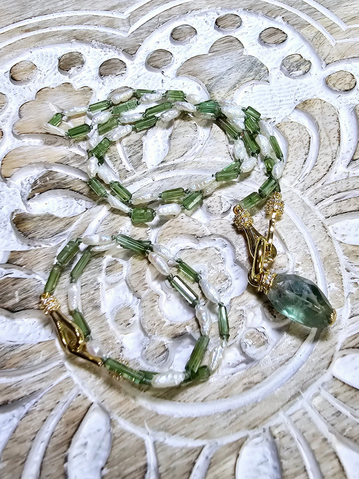 Tourmaline and Rice Pearl Necklace Set