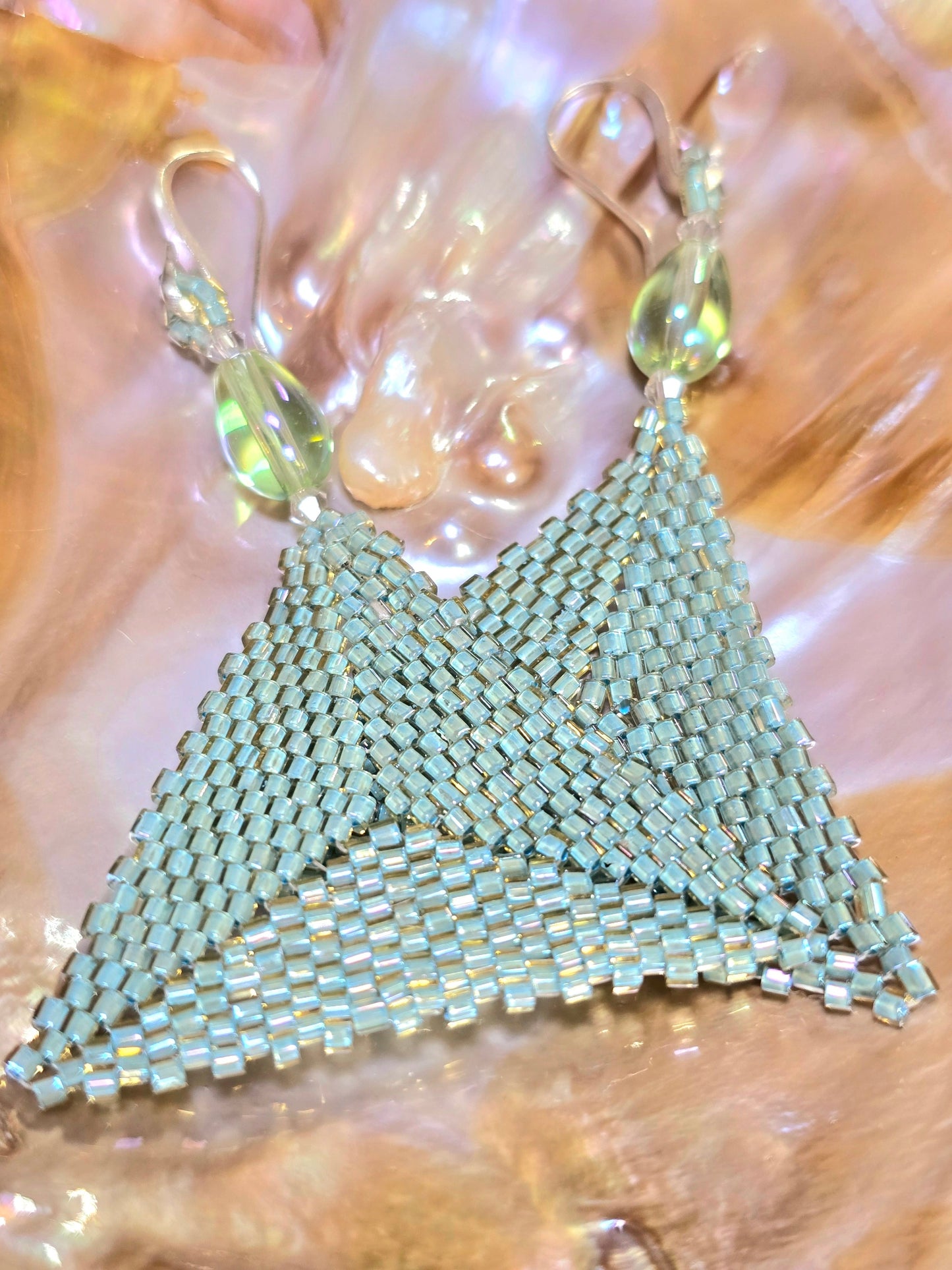 Handmade Aqua Beaded Triangle Drop Earrings