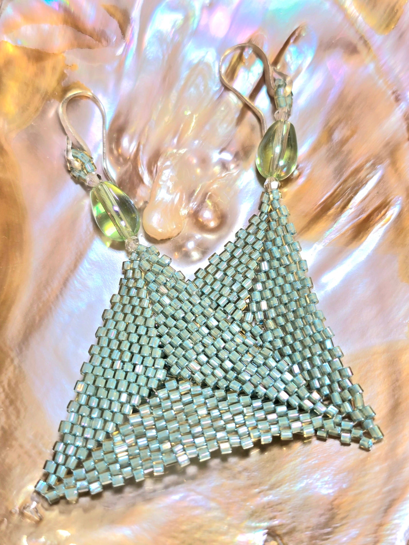 Handmade Aqua Beaded Triangle Drop Earrings