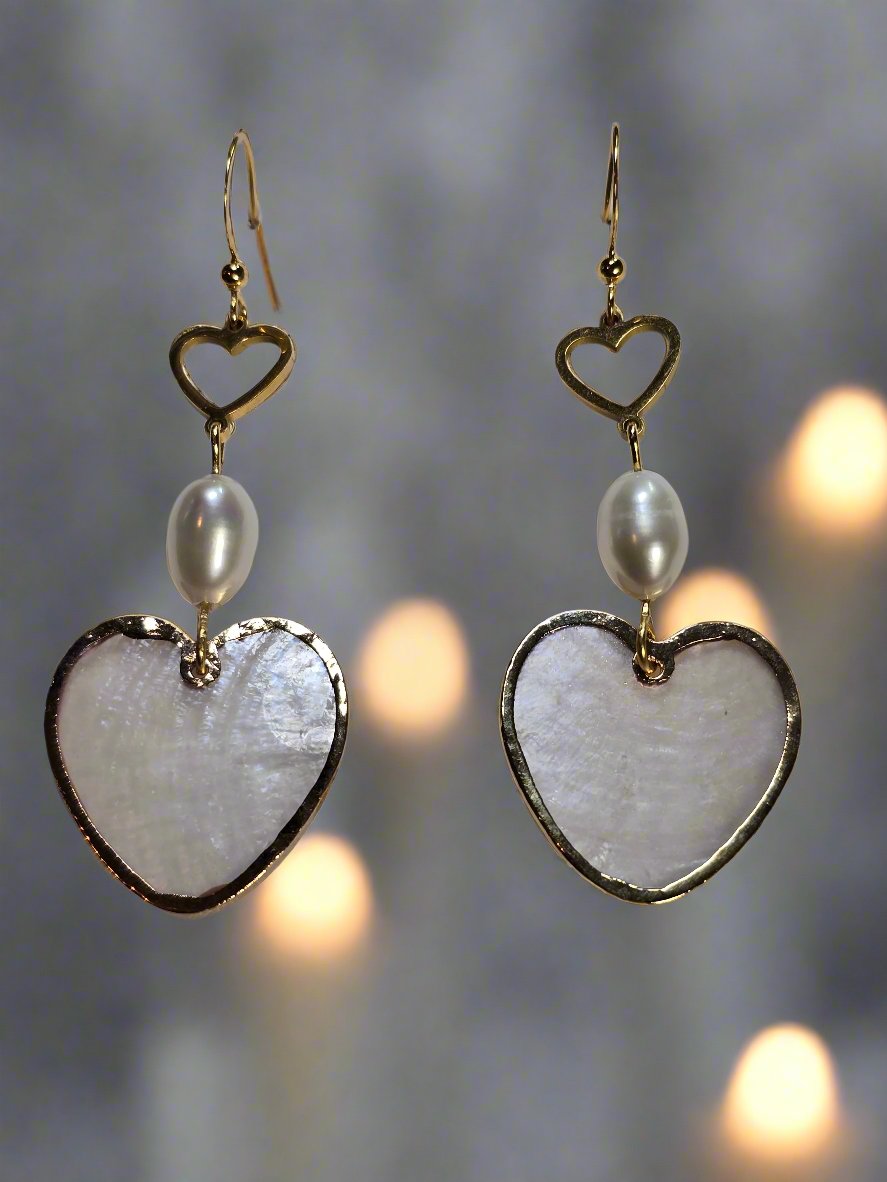 Heart Shaped Capiz Shell & Pearl Drop Earrings