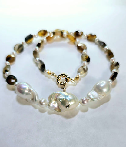 Baroque Pearl and Brown Agate Oval Necklace