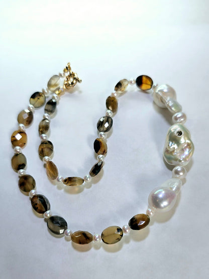 Baroque Pearl and Brown Agate Oval Necklace