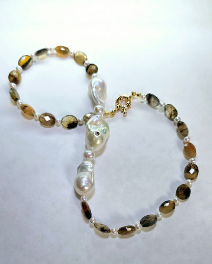 Baroque Pearl and Brown Agate Oval Necklace