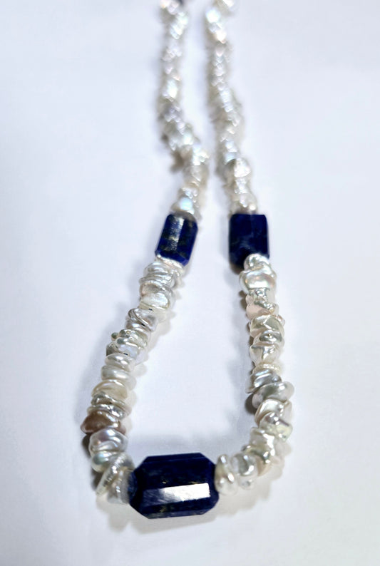 Keshi Pearl and Lapis Lazuli Necklace