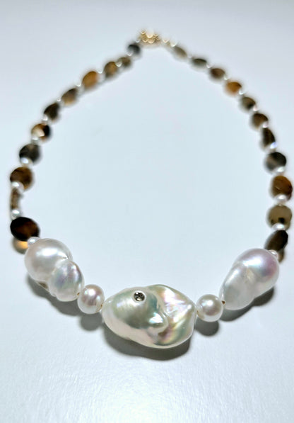 Baroque Pearl and Brown Agate Oval Necklace