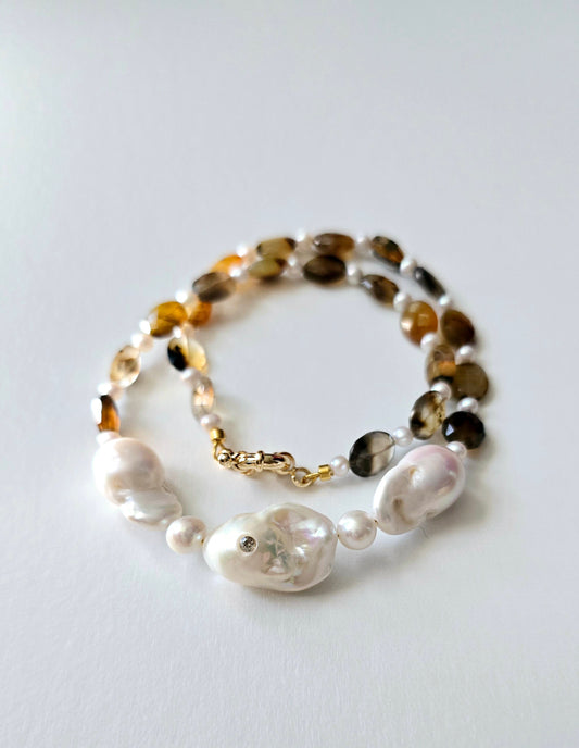 Baroque Pearl and Brown Agate Oval Necklace