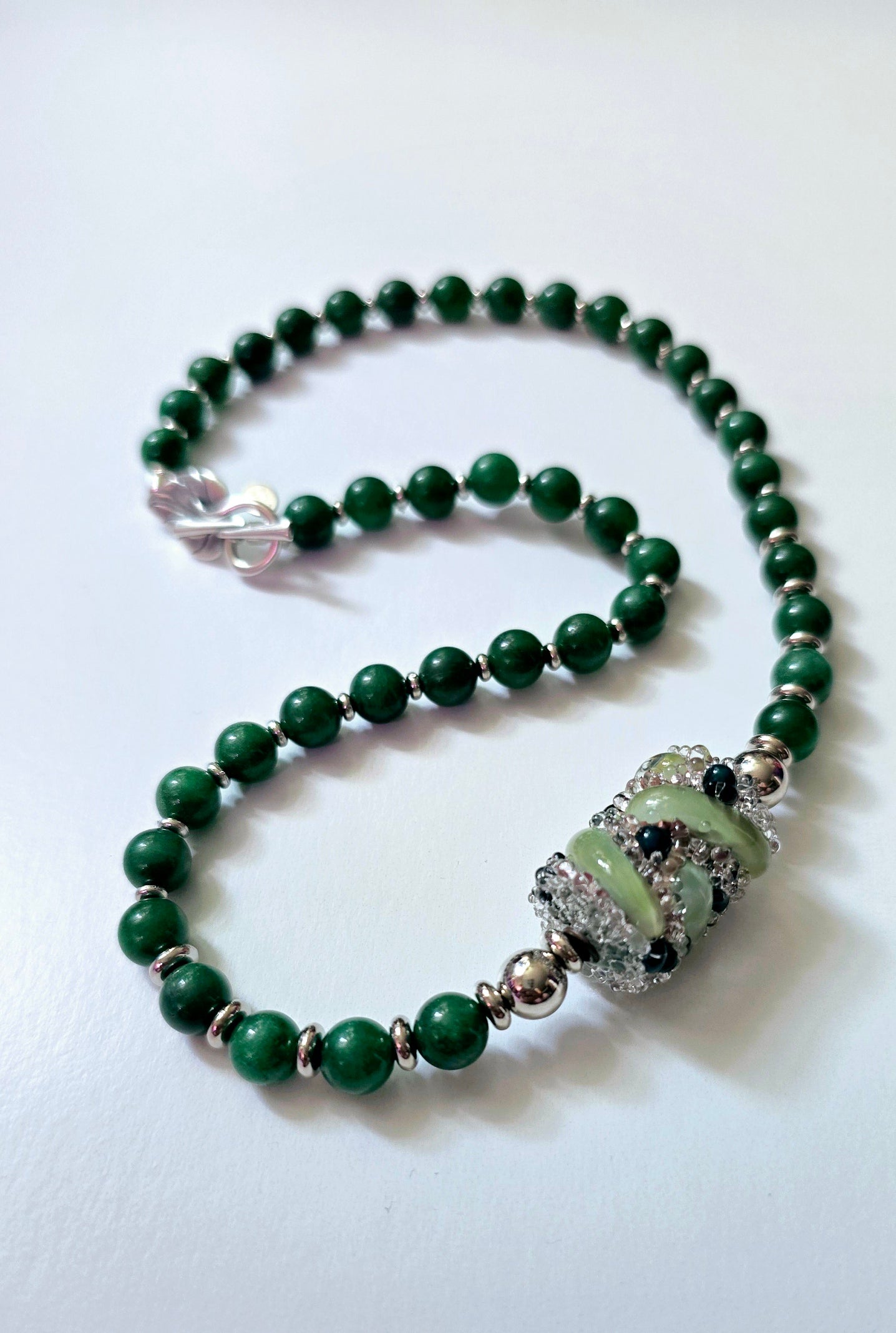 Green Jade and Blown Glass Focal Piece Necklace