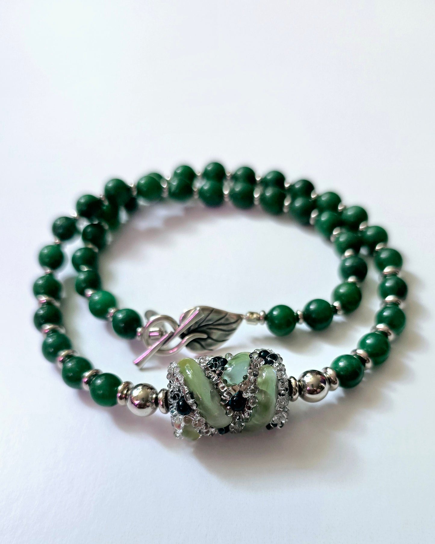 Green Jade and Blown Glass Focal Piece Necklace