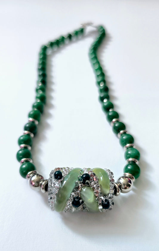 Green Jade and Blown Glass Focal Piece Necklace