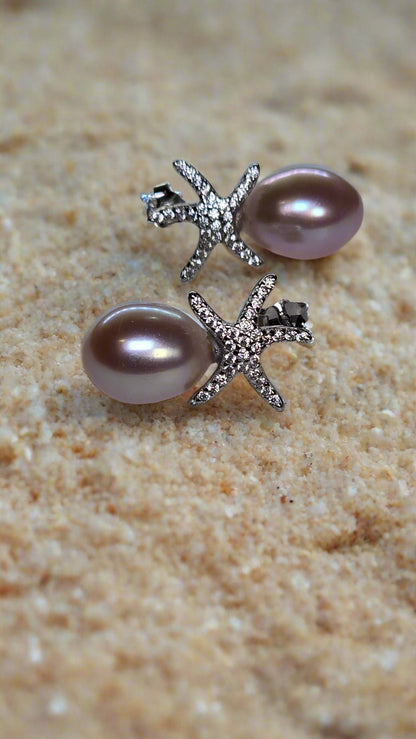 Sterling Silver Pave Starfish Pearl Stud Earrings