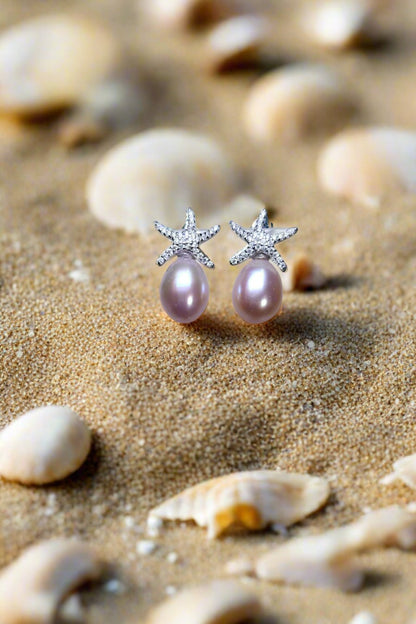 Sterling Silver Pave Starfish Pearl Stud Earrings