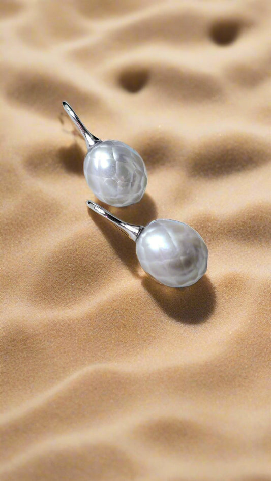 Diamond Etched Pearl Hook Earrings