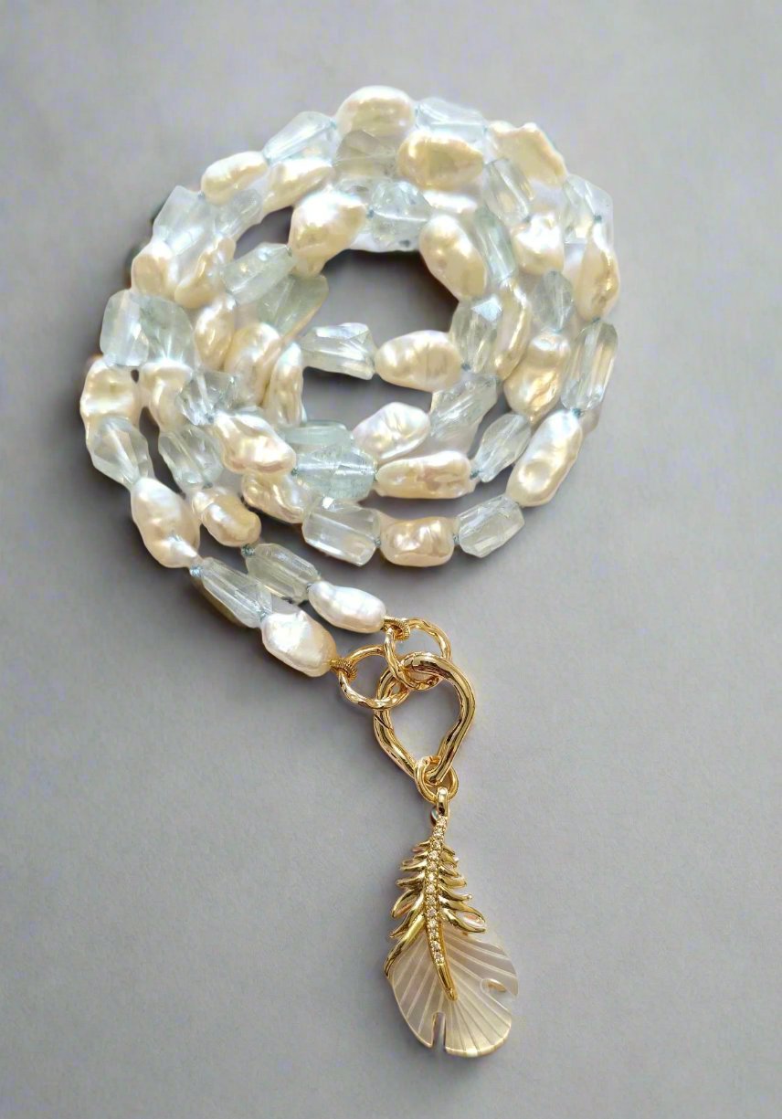 Freshwater Keshi Pearl & Aquamarine Nugget Necklace