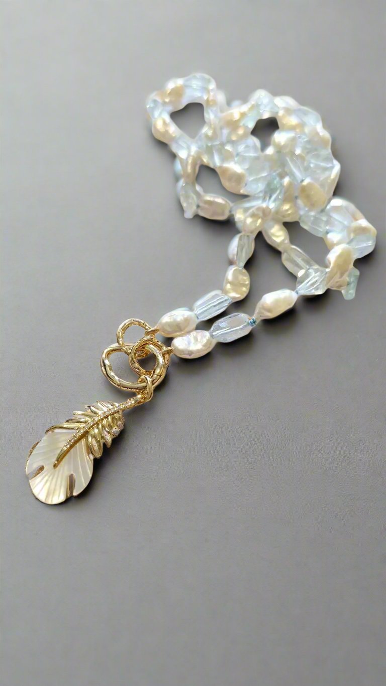 Freshwater Keshi Pearl & Aquamarine Nugget Necklace