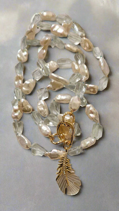 Freshwater Keshi Pearl & Aquamarine Nugget Necklace