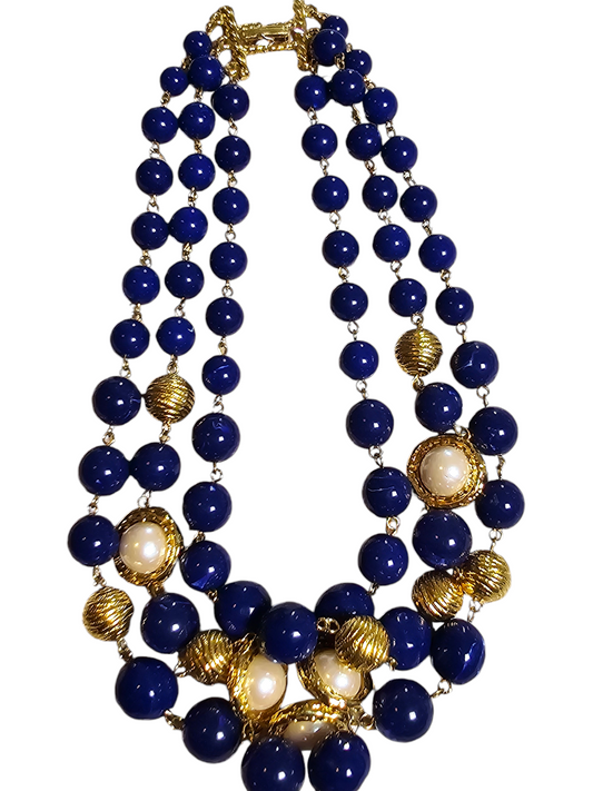 Vintage -  Marvella 3-Tier Blue and Gold Choker