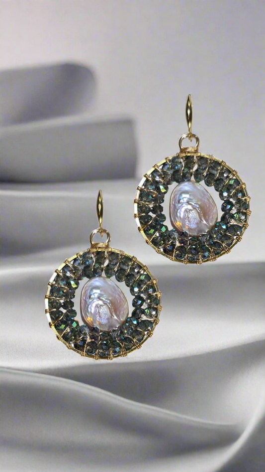 Hand-Wired Pearl and Green Crystal Round Earrings