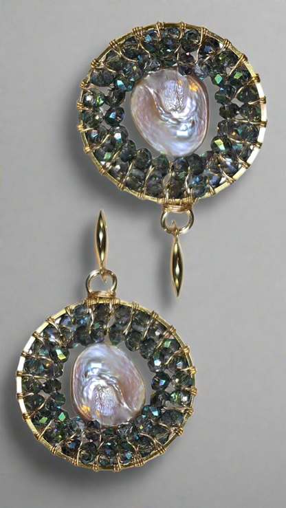 Hand-Wired Pearl and Green Crystal Round Earrings