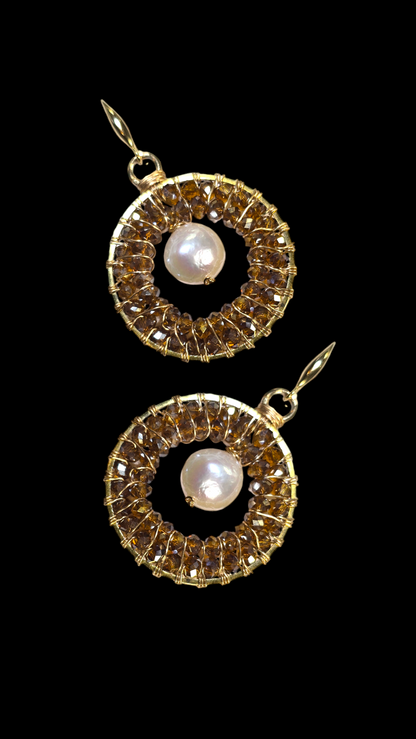 Hand-Wired Pearl and Crystal Round Earrings