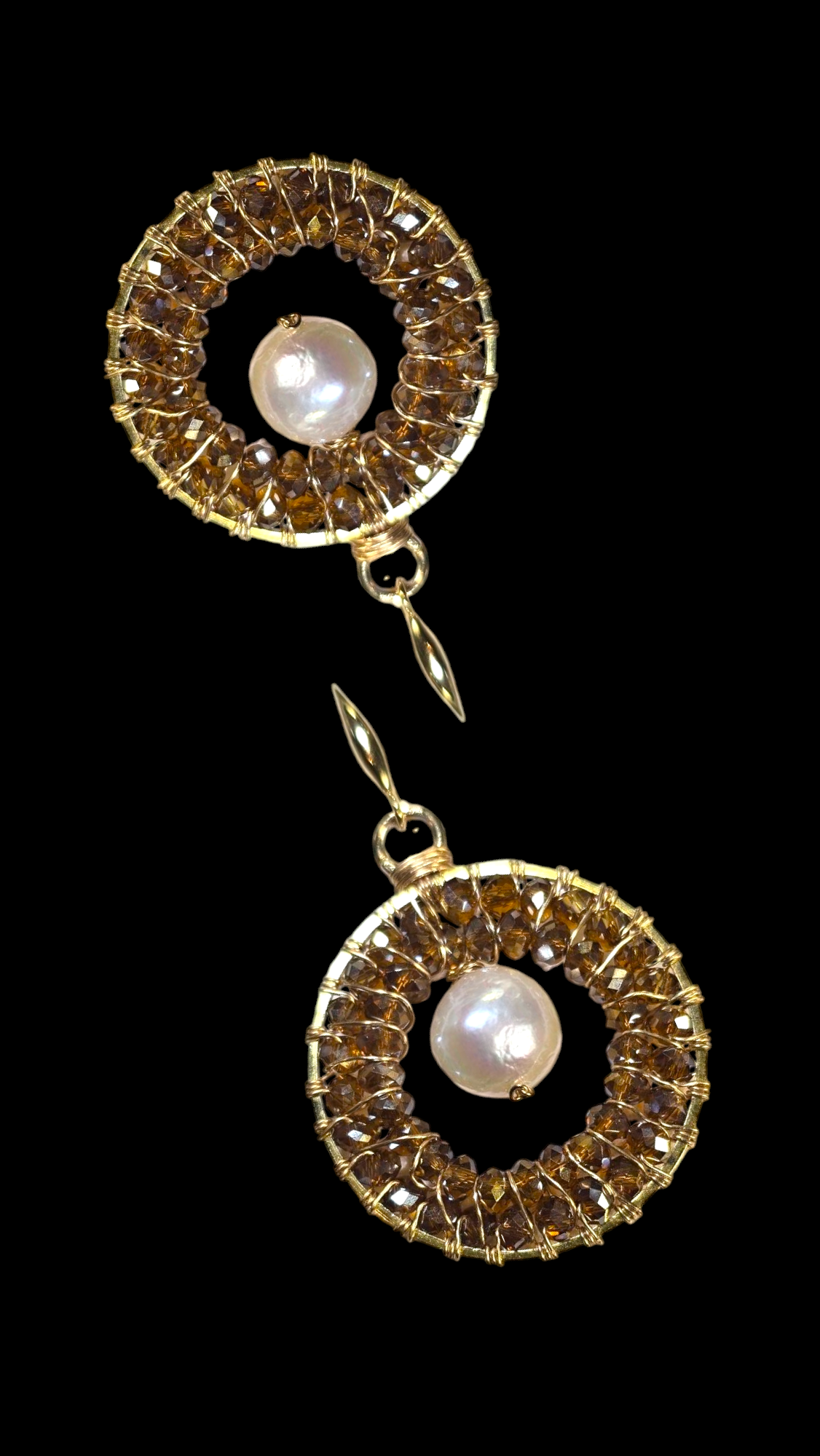 Hand-Wired Pearl and Crystal Round Earrings