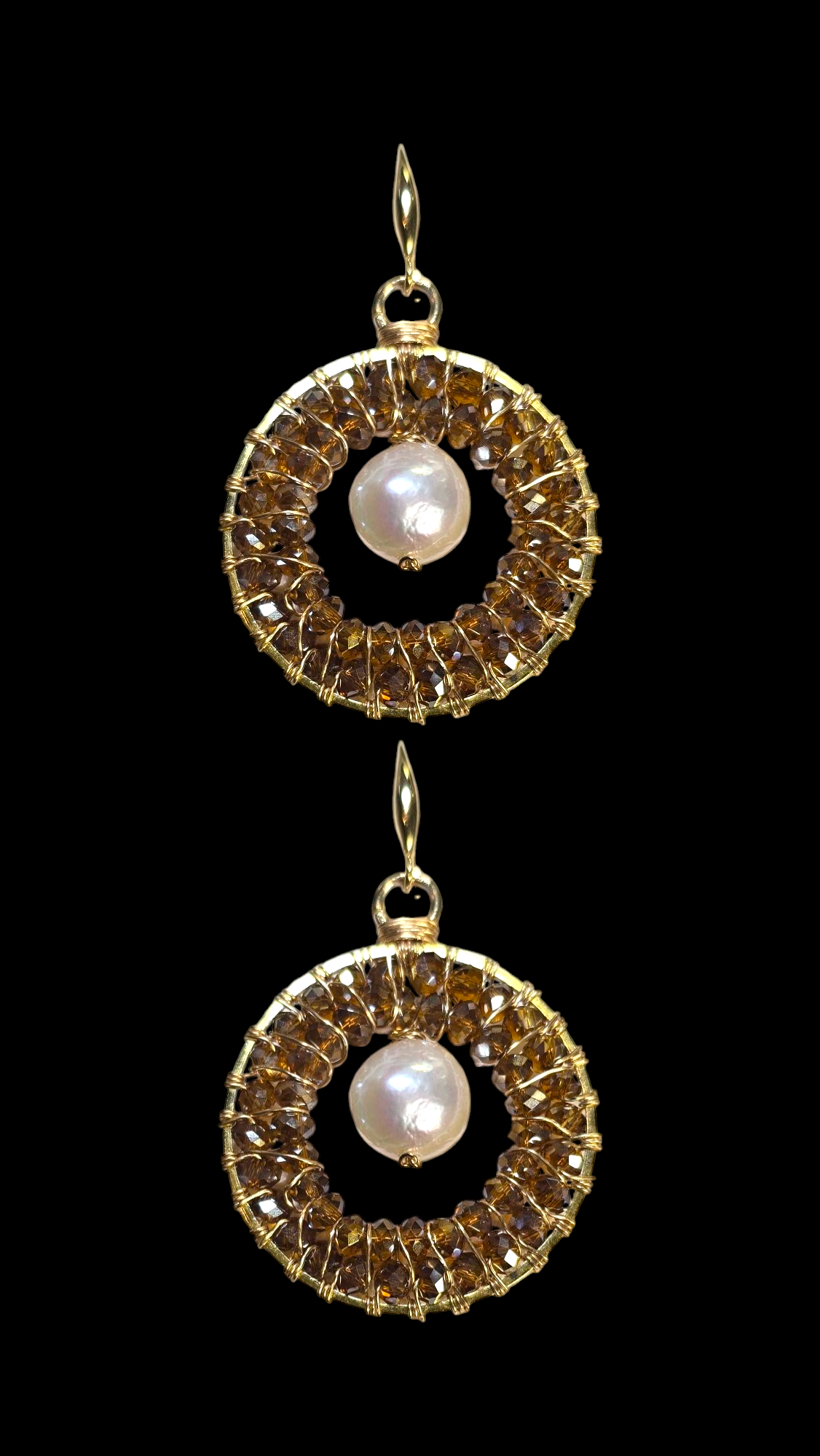 Hand-Wired Pearl and Crystal Round Earrings