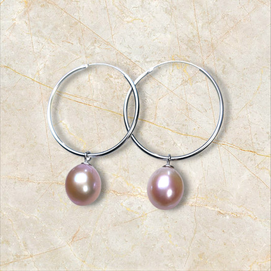 25mm Sterling Silver Hoop Pearl Earrings