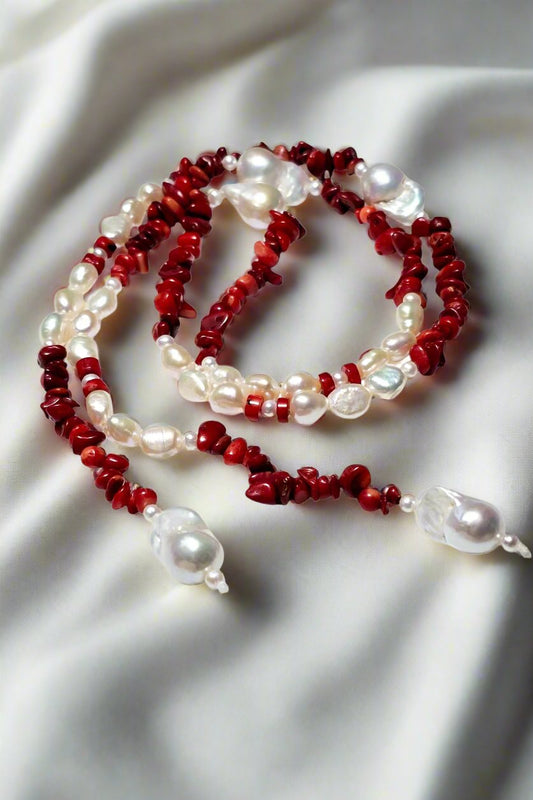 Baroque, Red Coral, and Round Pearl Necklace