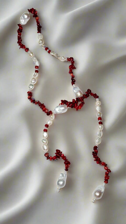 Baroque, Red Coral, and Round Pearl Necklace