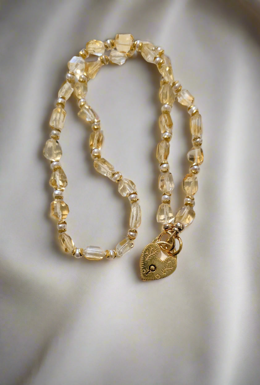 Citrine & Pearl, Heart Pendant Necklace