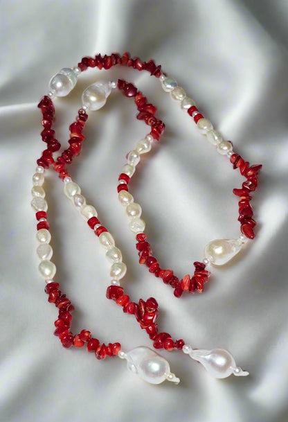 Baroque, Red Coral, and Round Pearl Necklace