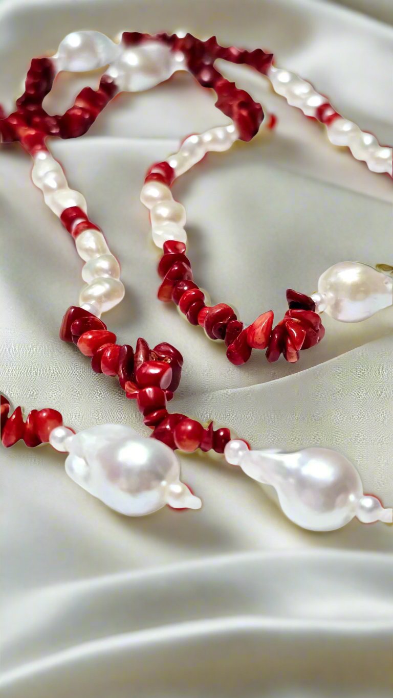 Baroque, Red Coral, and Round Pearl Necklace