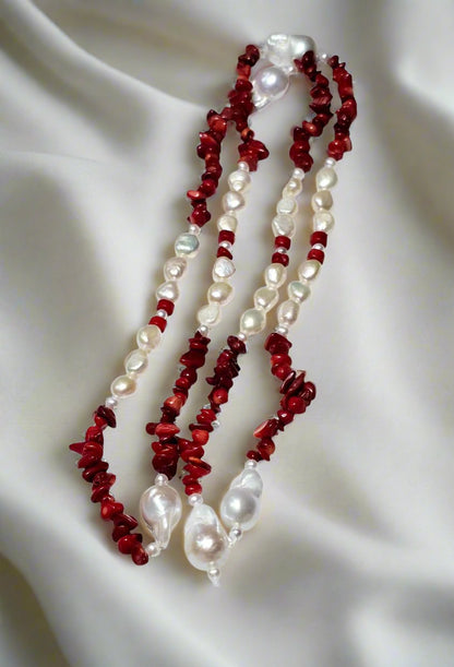 Baroque, Red Coral, and Round Pearl Necklace