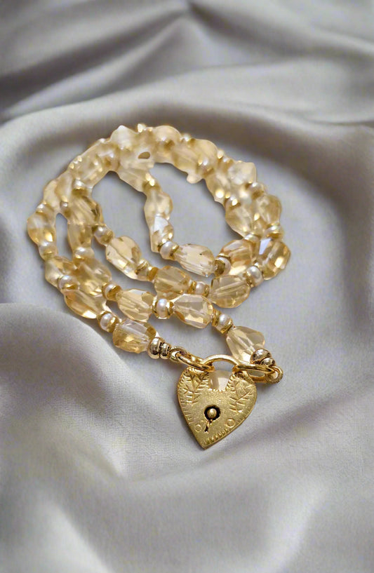 Citrine & Pearl, Heart Pendant Necklace