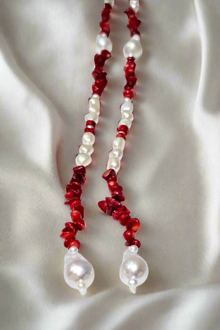 Baroque, Red Coral, and Round Pearl Necklace