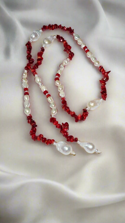 Baroque, Red Coral, and Round Pearl Necklace